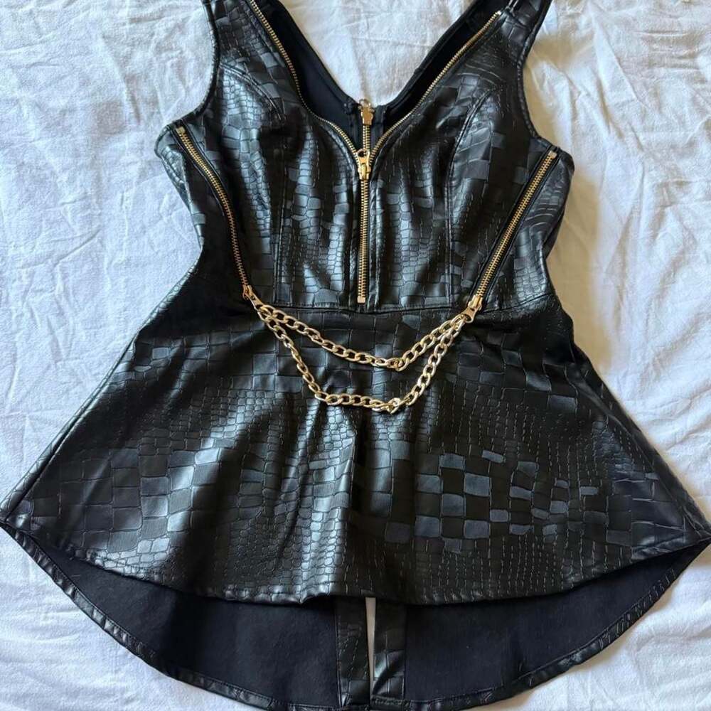 bebe Faux Leather Croc Print Peplum Top with Gold Chain